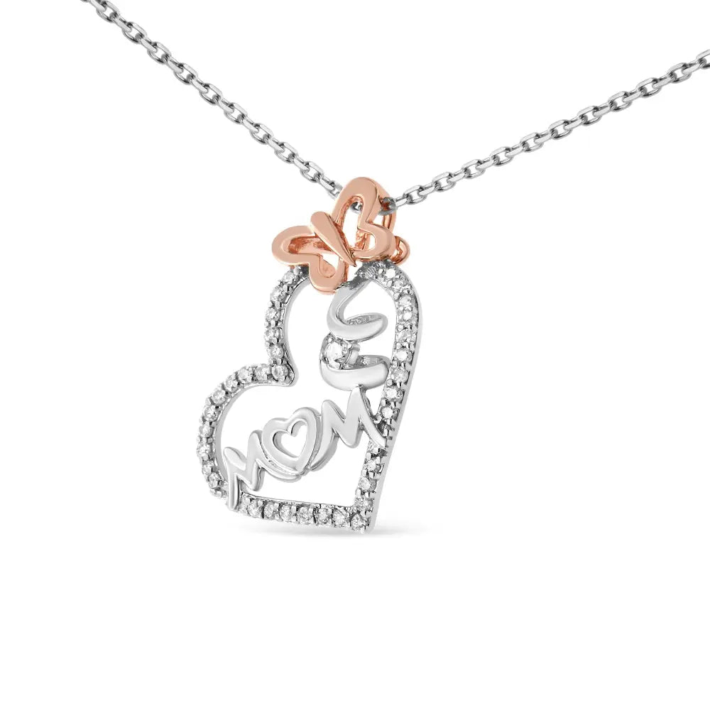 Two tone.925 sterling silver 1/5 cttw diamond ’mom’ and heart pendant necklace (h i i1 i2) necklaces/pendant/pendant handcrafted