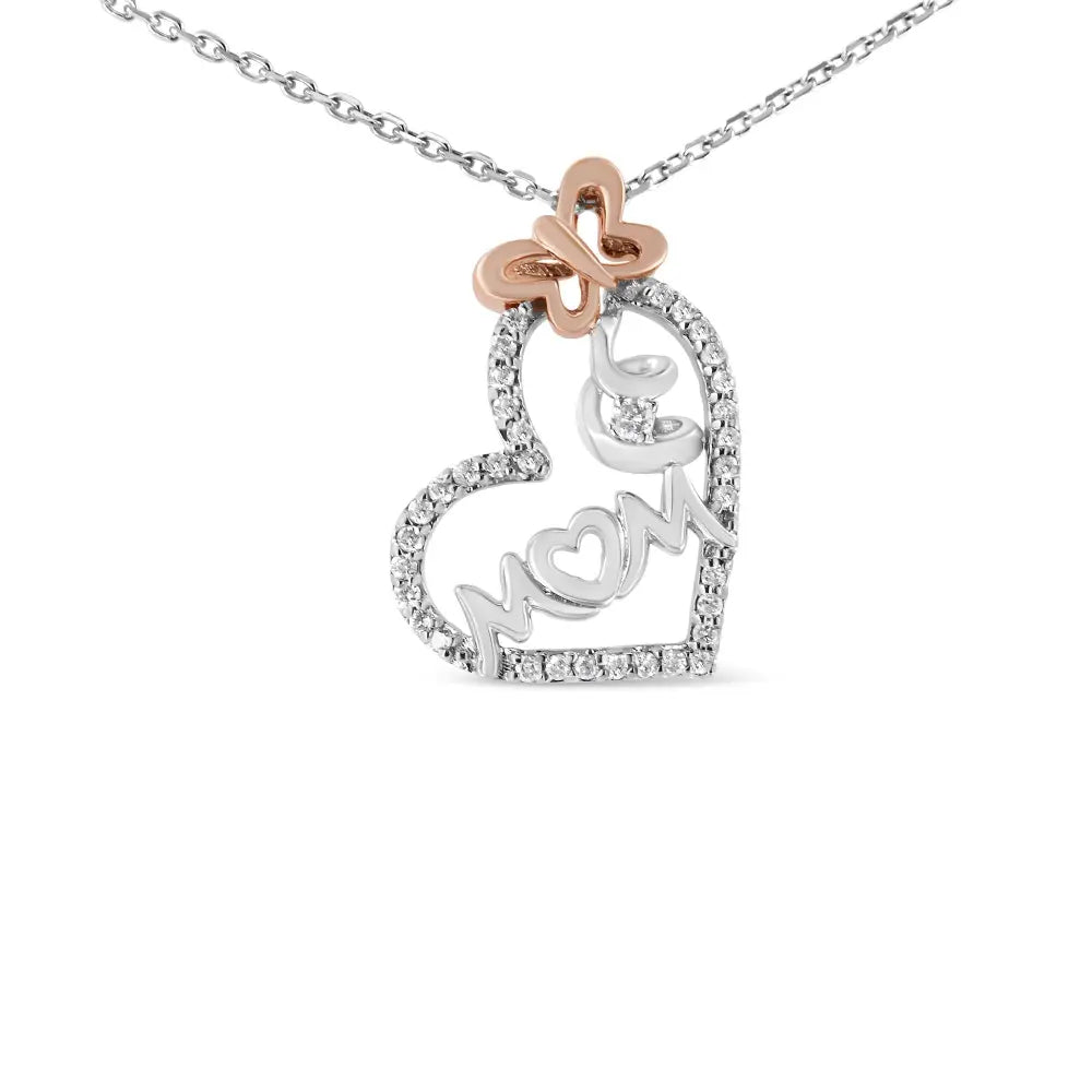 Two tone.925 sterling silver 1/5 cttw diamond ’mom’ and heart pendant necklace (h i i1 i2) necklaces/pendant/pendant handcrafted