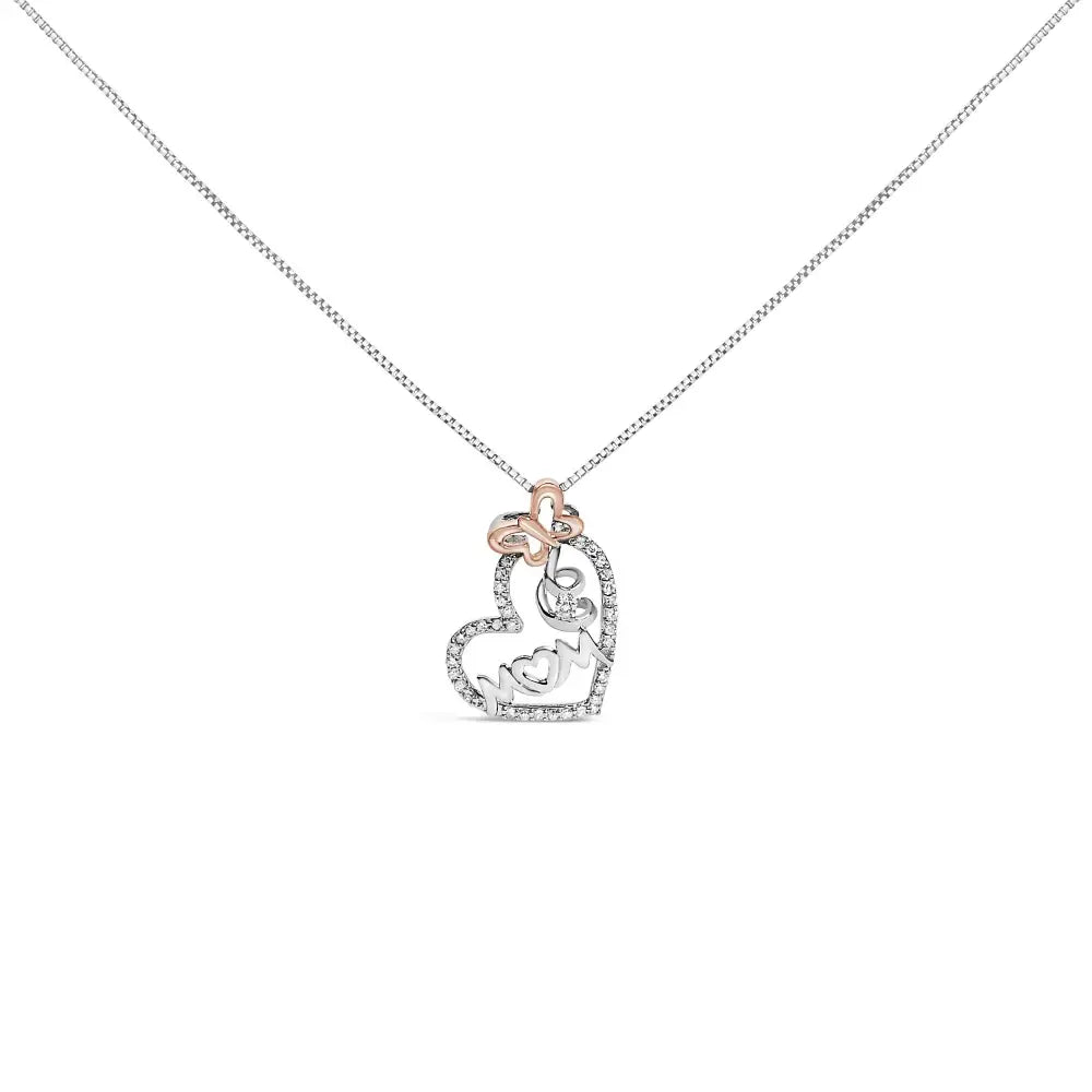 Two tone.925 sterling silver 1/5 cttw diamond ’mom’ and heart pendant necklace (h-i i1-i2)