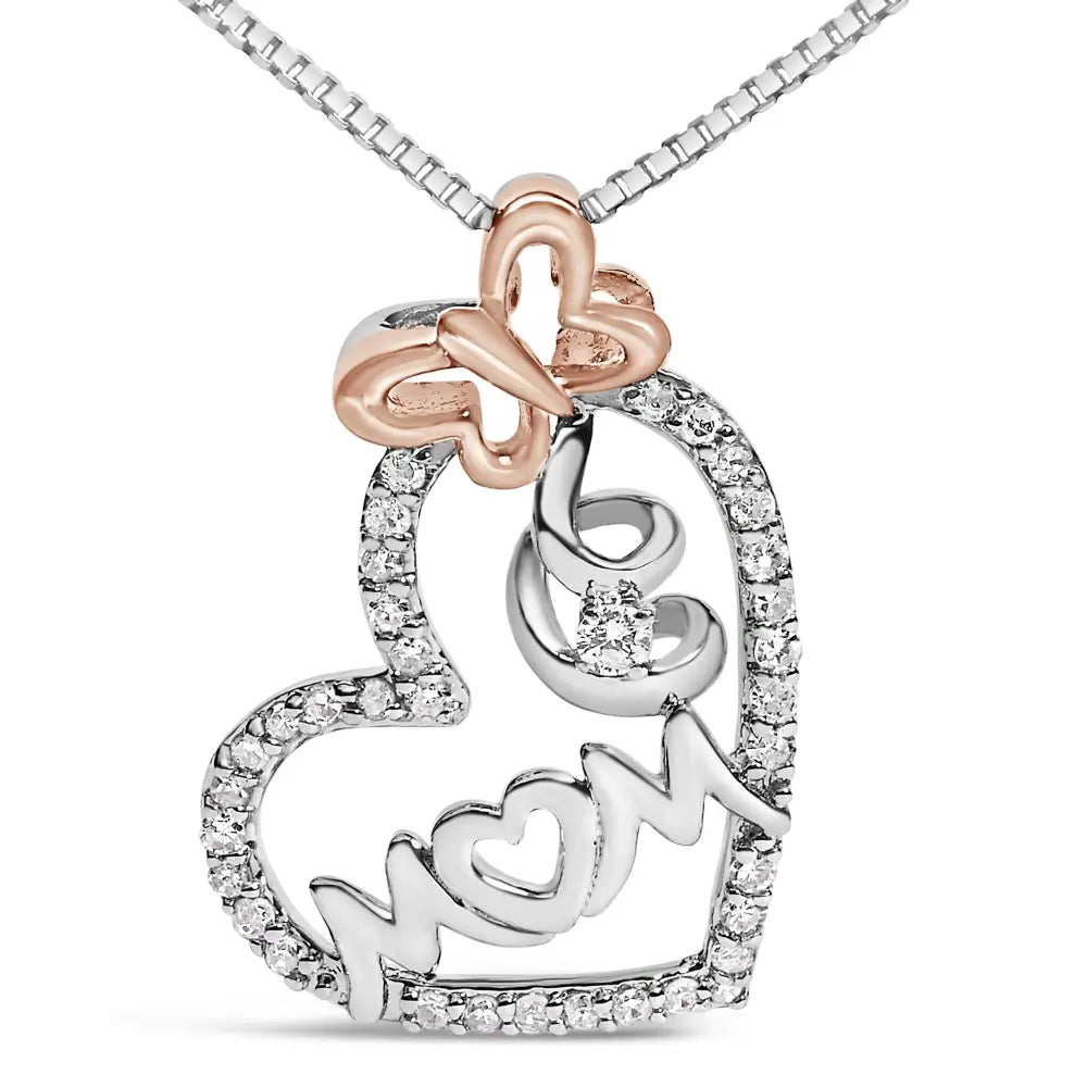 Diamond ’mom’ heart pendant necklace in two-tone sterling silver – 1/5 cttw bijoux-nyc direct