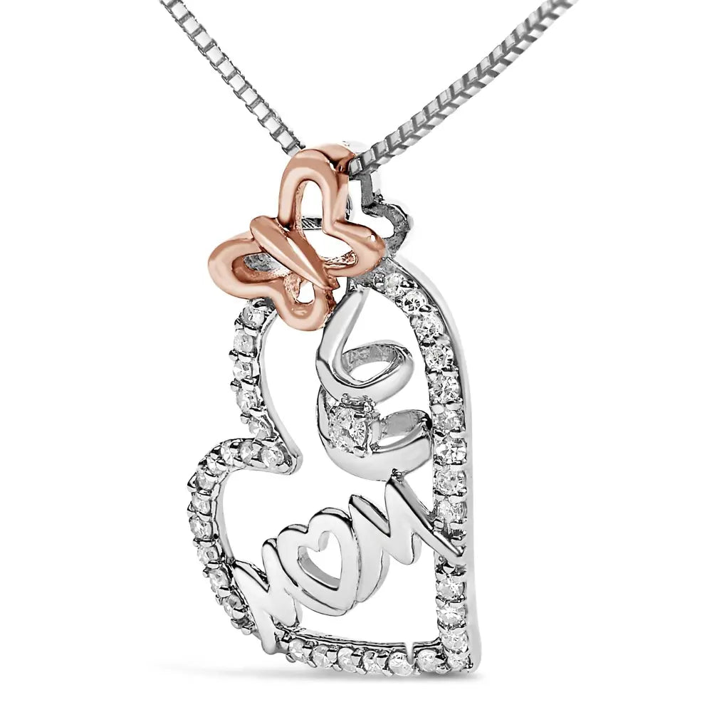 Two tone.925 sterling silver 1/5 cttw diamond ’mom’ and heart pendant necklace (h-i i1-i2)