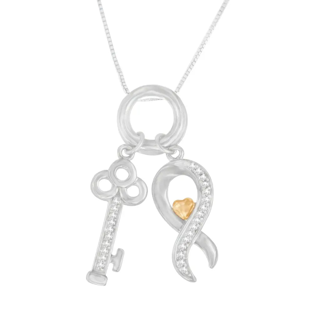 Diamond key pendant necklace in two tone.925 sterling silver 1/6 cttw bijoux-nyc direct
