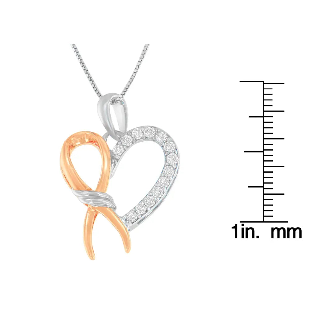 Two-tone sterling silver 1/5 cttw diamond ribbon heart pendant necklace bijoux-nyc direct