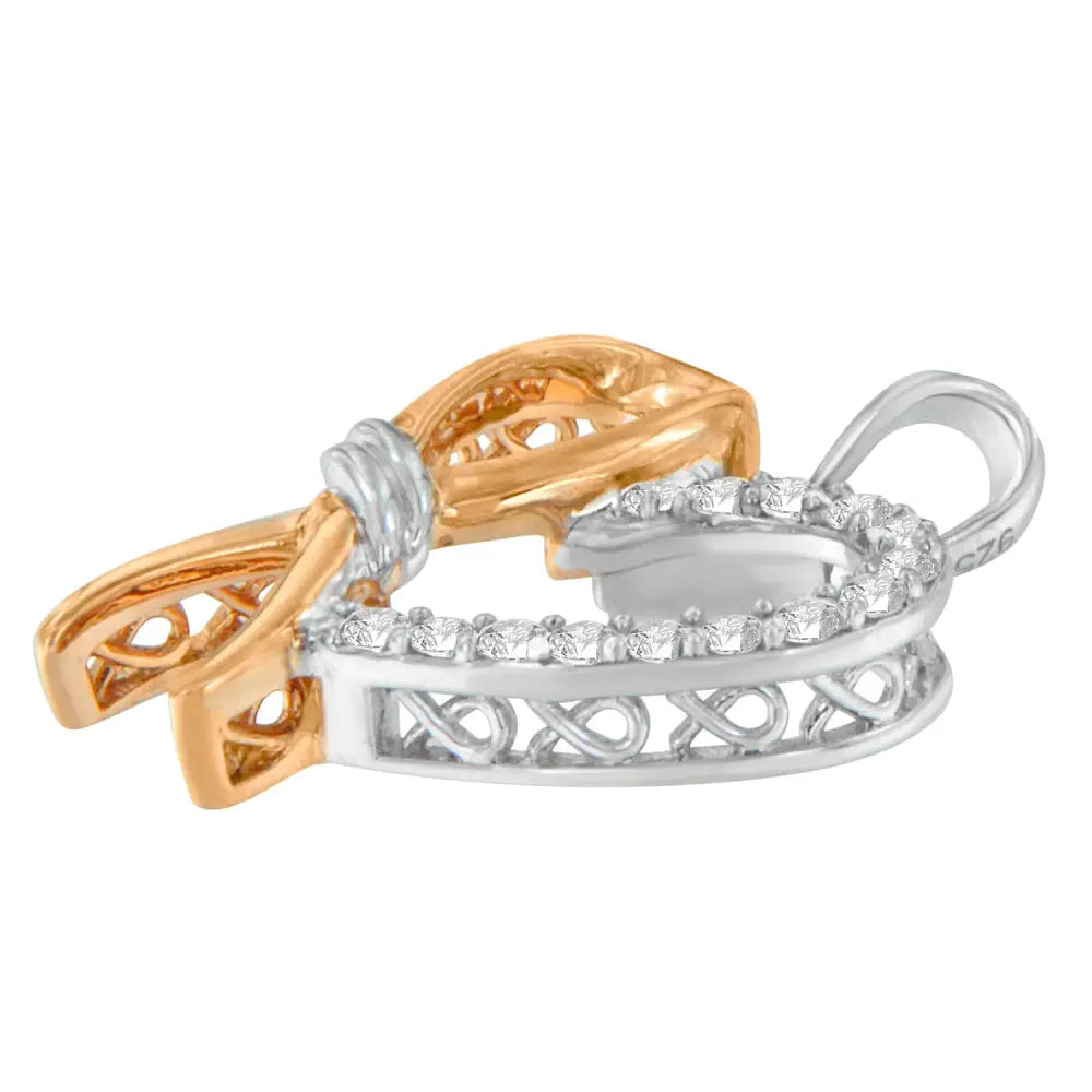 Two-tone sterling silver 1/5 cttw diamond ribbon heart pendant necklace bijoux-nyc direct