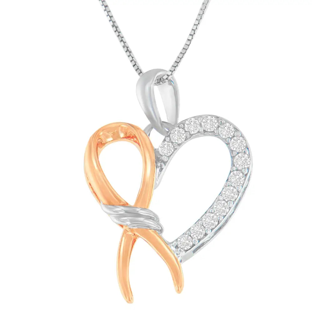Two-tone sterling silver 1/5 cttw diamond ribbon heart pendant necklace bijoux-nyc direct