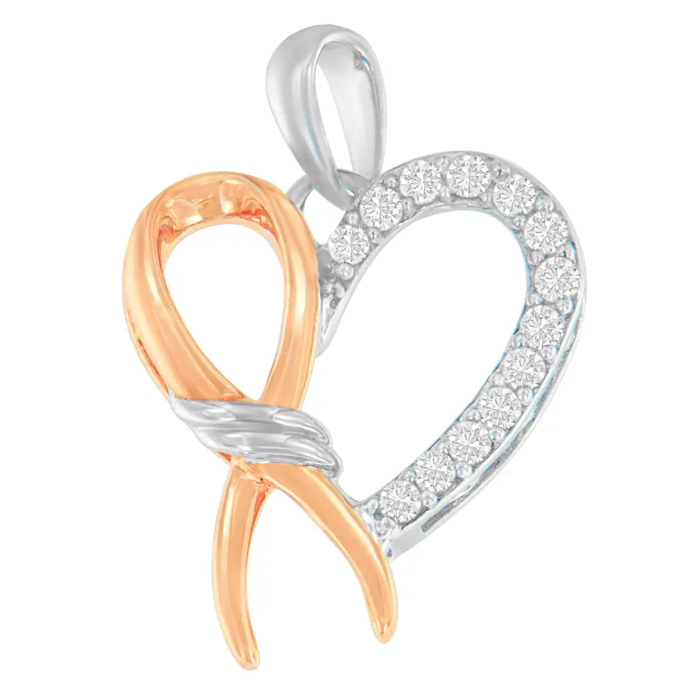 Two-tone sterling silver 1/5 cttw diamond ribbon heart pendant necklace bijoux-nyc direct