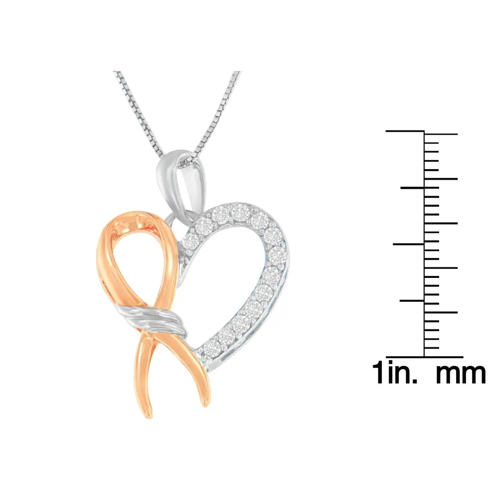 Two-Toned .925 Sterling Silver 1/5 cttw Round Cut Diamond Ribbon Heart Accent Pendant Necklace (H-I, I2-I3) - Bijoux-NYC Direct