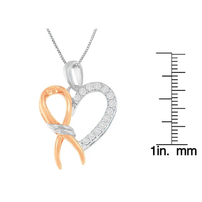 Two-Toned .925 Sterling Silver 1/5 cttw Round Cut Diamond Ribbon Heart Accent Pendant Necklace (H-I, I2-I3) - Bijoux-NYC Direct