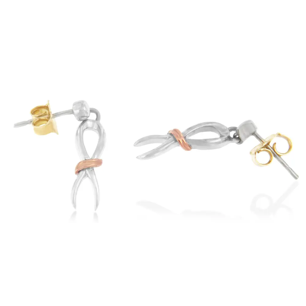 Two-Toned Sterling Silver Awareness Ribbon Dangle Earrings - Bijoux-NYC Direct