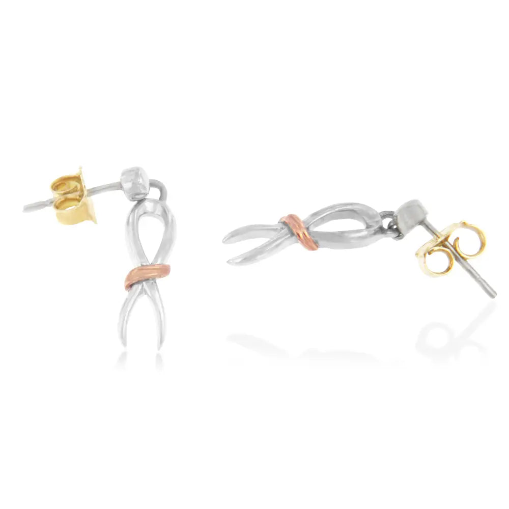 Two-toned sterling silver and 10k gold awareness ribbon dangle earrings bijoux-nyc direct