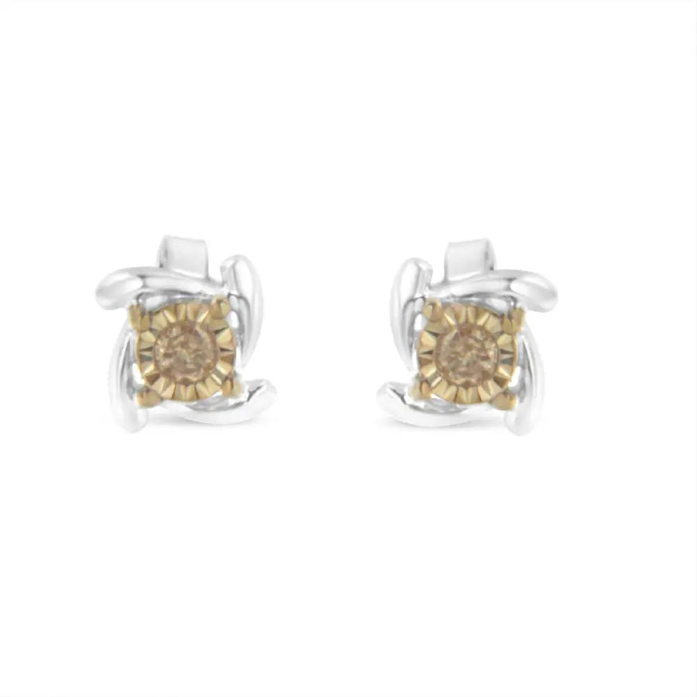 Two-Toned Sterling-Silver Diamond Stud Earring (0.10 cttw, Champagne Color, I2-I3 Clarity) - Bijoux-NYC Direct