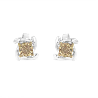 Two-Toned Sterling-Silver Diamond Stud Earring (0.10 cttw, Champagne Color, I2-I3 Clarity) - Bijoux-NYC Direct