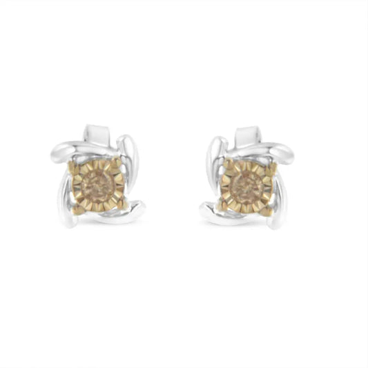 Two-Toned Sterling-Silver Diamond Stud Earring (0.10 cttw, Champagne Color, I2-I3 Clarity) - Bijoux-NYC Direct