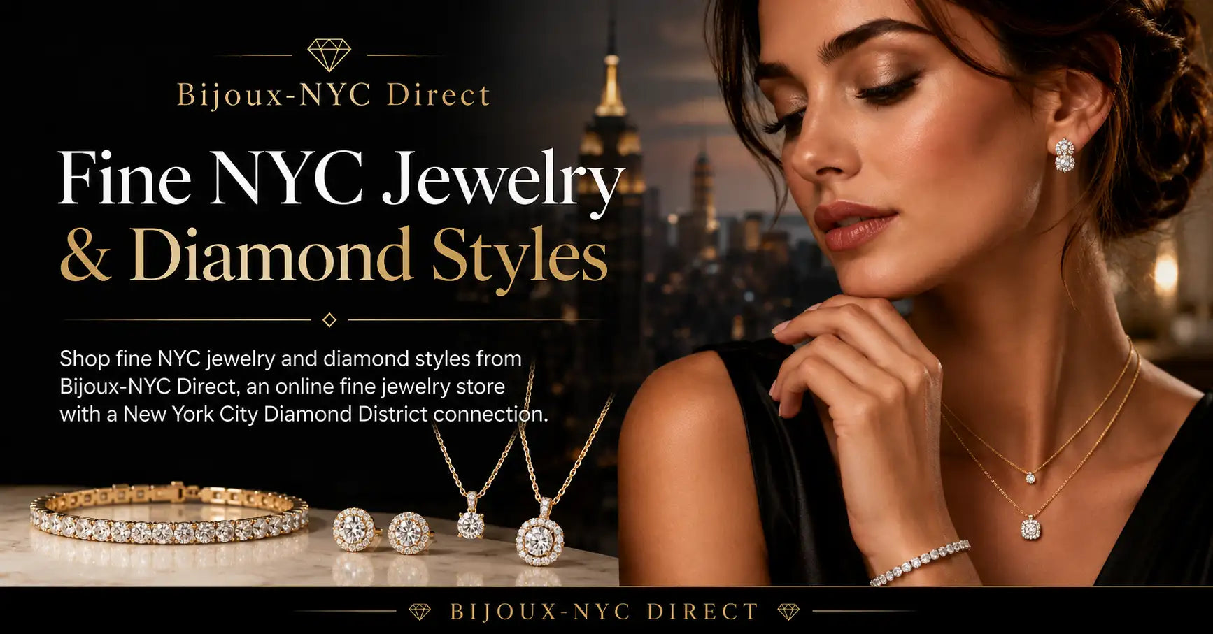 A woman wears a delicate gold necklace with a round diamond pendant, complemented by matching earrings and bracelet.