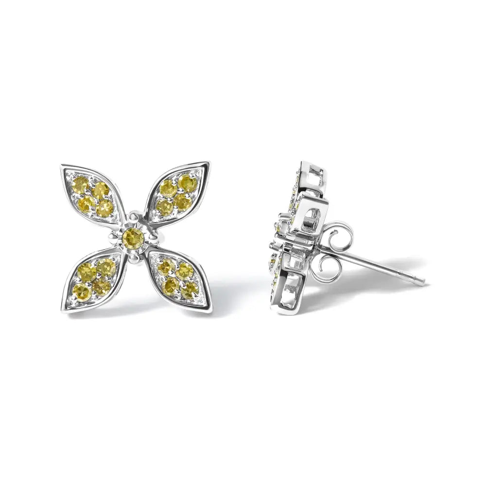 Yellow diamond floral stud earrings in rhodium plated sterling silver bijoux-nyc direct