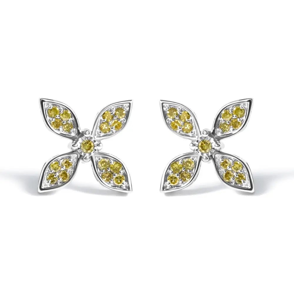 Yellow diamond floral stud earrings in rhodium plated sterling silver bijoux-nyc direct