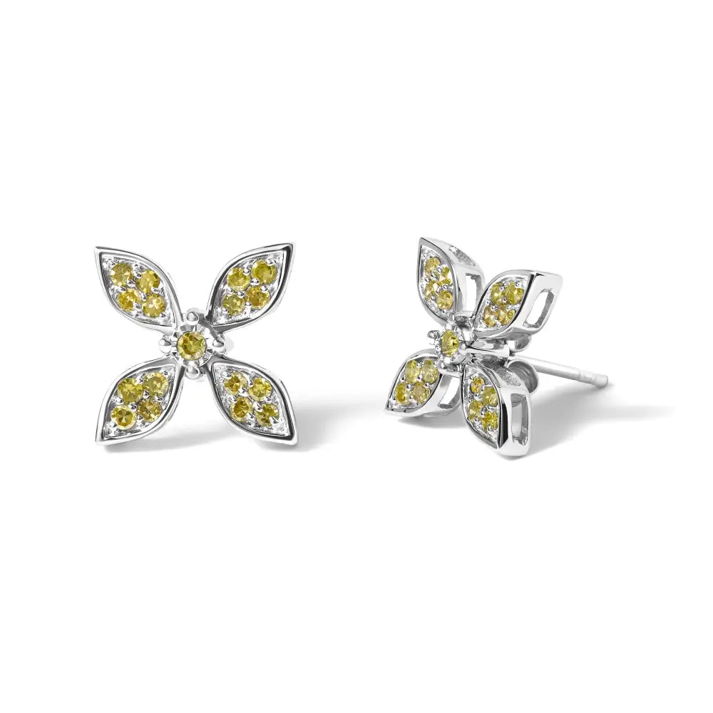 Yellow diamond floral stud earrings in rhodium plated sterling silver bijoux-nyc direct