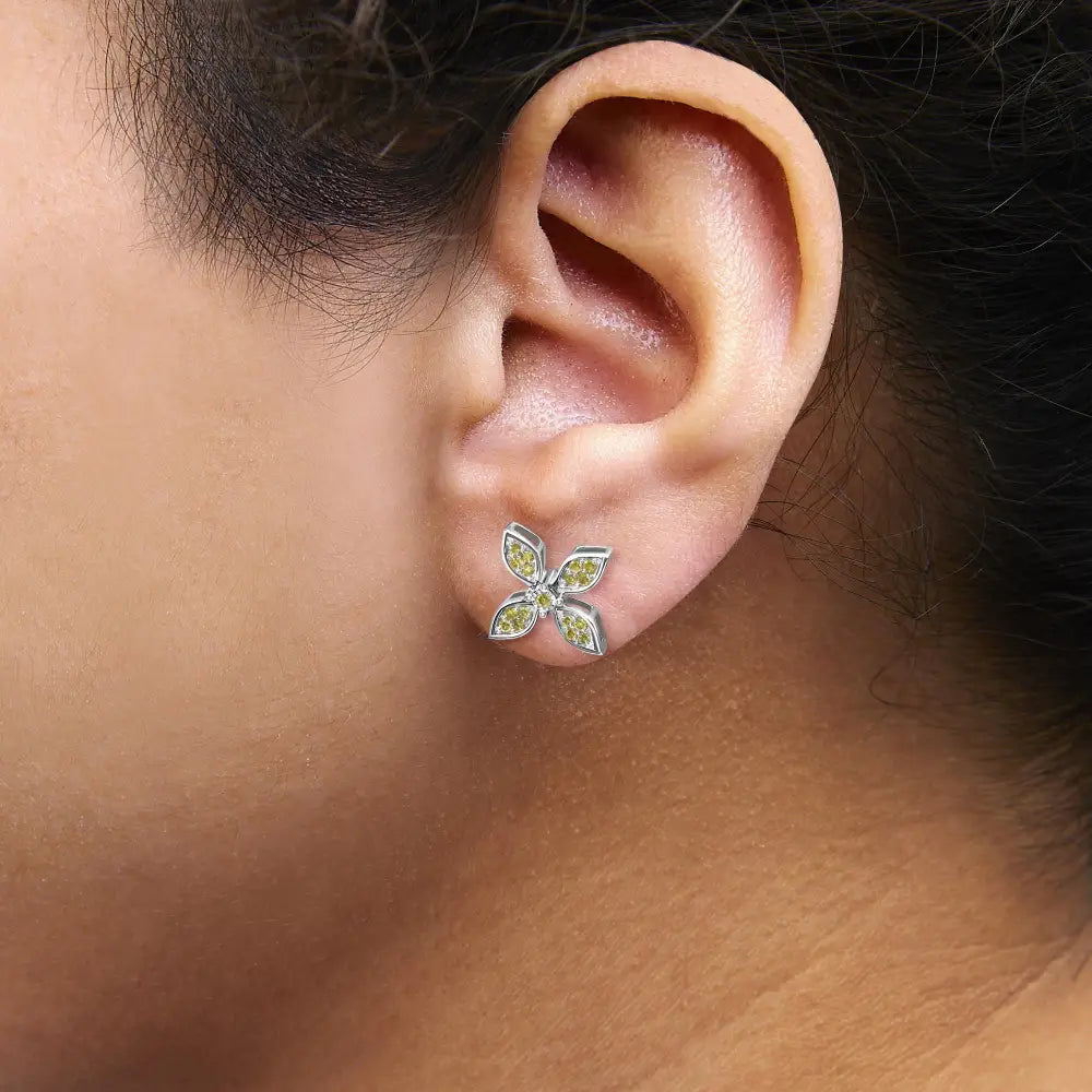 Yellow diamond floral stud earrings in rhodium plated sterling silver bijoux-nyc direct